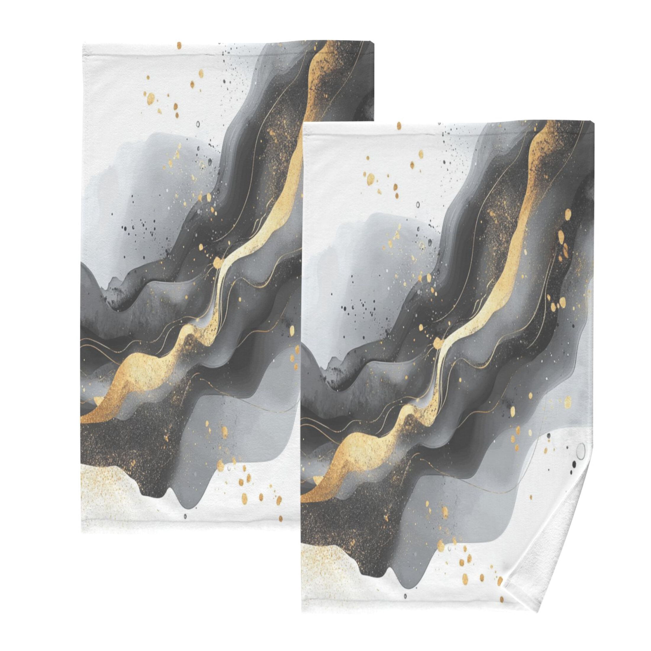 2 Pcs Absorbent Face Towel Bath Hand Towels Soft Breathable Cotton Towel Set for Bathroom Kitchen Hotel Spa Decor Black and Gold Shapes