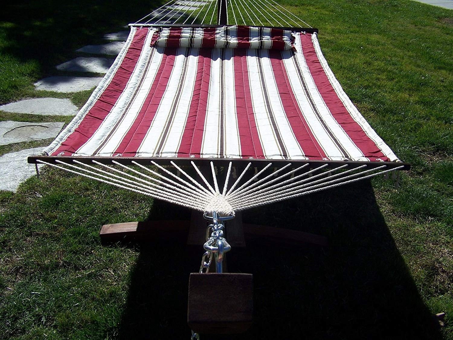 Petra Leisure 14 Ft. Coffee Stain Wooden Arc Hammock Stand + Deluxe Quilted Elegant Red Stripe, Double Padded Hammock Bed w/Pillow. 2 Person Bed. 450 LB Capacity&nbsp;
