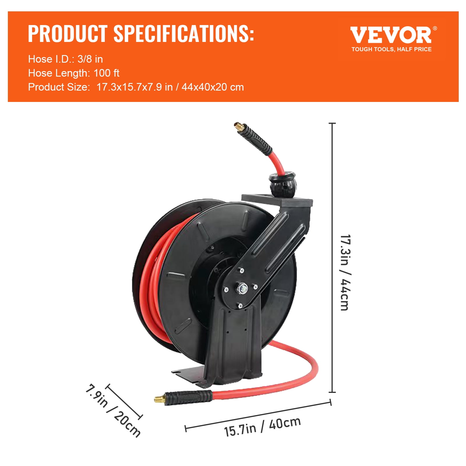 VEVOR Air Hose Reel, 3/8 IN x 100 FT Retractable Hybrid Polymer