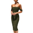 thumbnail image 1 of Vestido PRETTYGARDEN 2025 Midi Fruncido XL Verde Militar con Hombros Descubiertos, 1 of 7