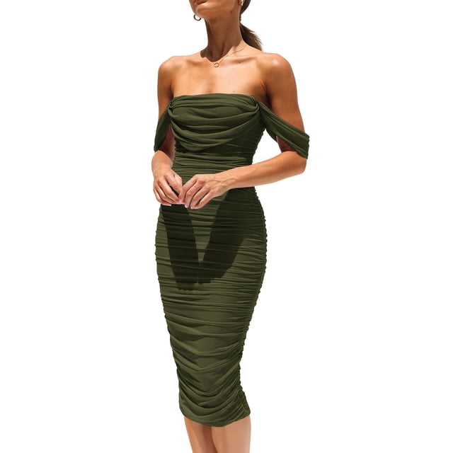 Vestido PRETTYGARDEN 2025 Verano Hombros Descubiertos Fruncido Talle S