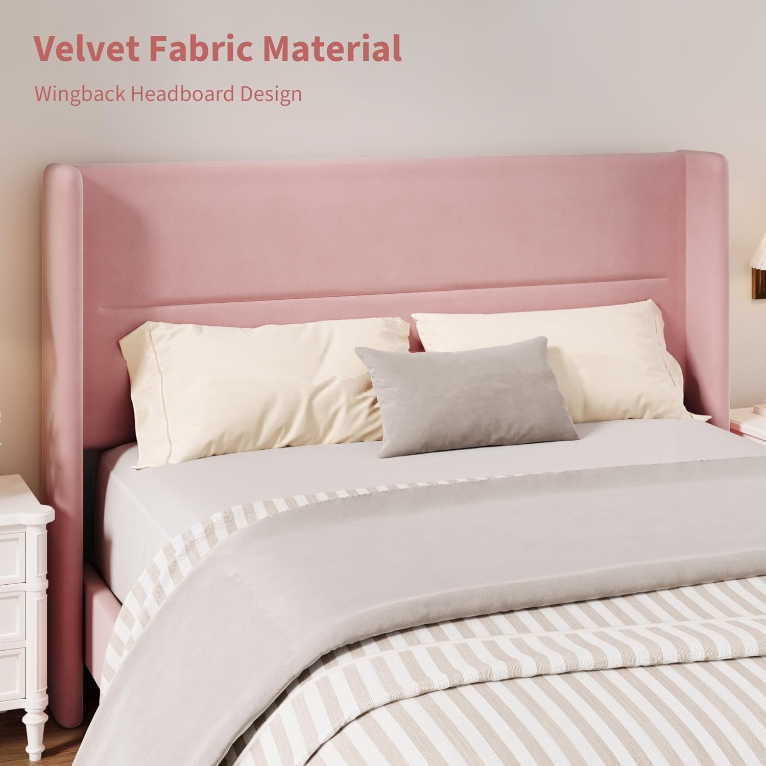IDEALHOUSE Queen Size Bed Frame with Wingback Headboard, Velvet Upholstered Platform Bedframe with Wood Slats, No Box Spring Needed, Easy Assembly, Pink