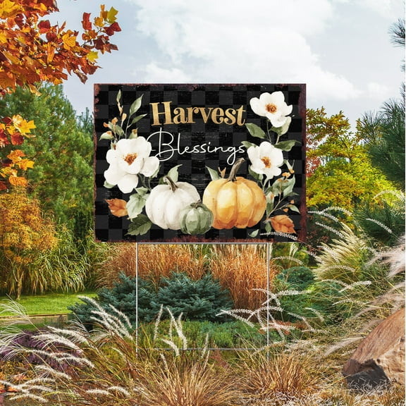 Fall Harvest Blessings Yard Sign 24x18in – Rustic Buffalo Plaid Decor