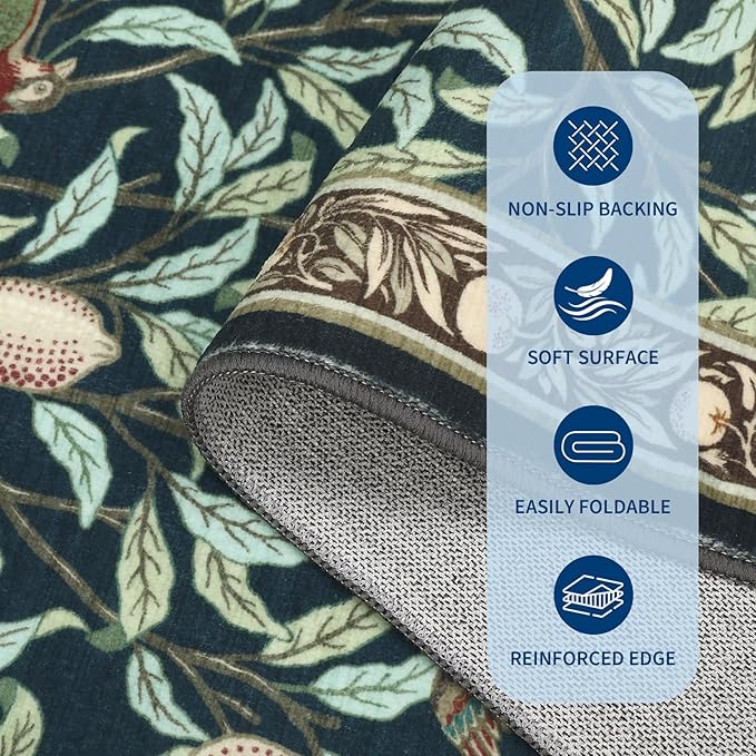 Washable Runner Rug 2x6 Non Slip Kitchen Hallway Runner Leaf Botanical Print Low Pile Throw Carpet Modern Home Decor Mat for Laundry Bathroom Indoor Use, Dark Blue