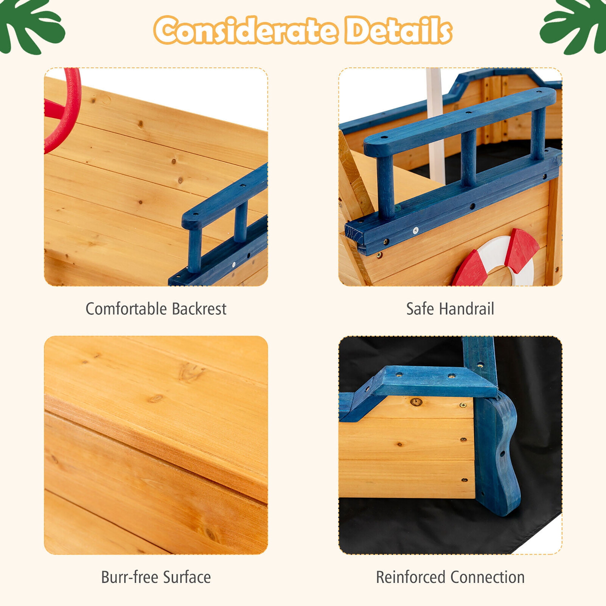 Gymax Kids Pirate Boat Sandbox Play Set - Large Wooden Box