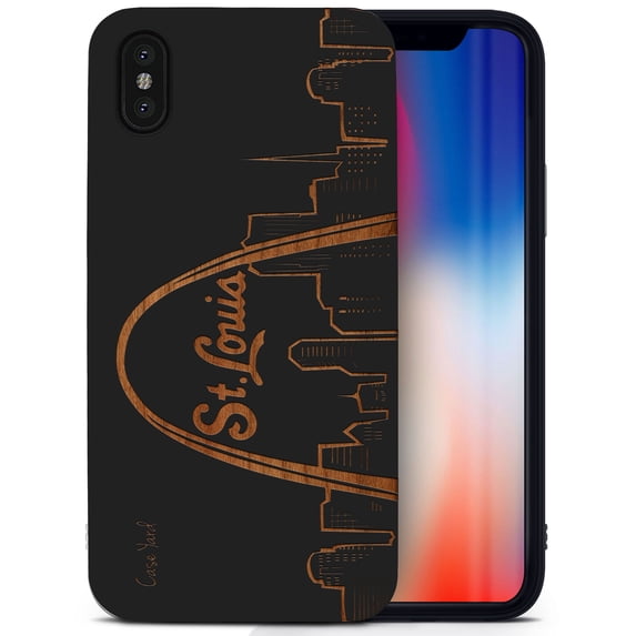 Case Yard Wooden Case for iPhone-X Soft TPU Silicone cover Slim Fit Shockproof Wood Protective Phone Cover for Girls Boys Men and Women Supports Wireless Charging St. Louis Skyline Design