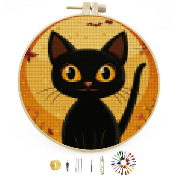 Happy Halloween Black Cat DIY Stamped Cross Stitch Kits Easy for Beginners with Hoop 11CT Counted Embroidery Needlepoint Crafts Arts for Handmade Enthusiasts and Home Decor 30x30cm(2)