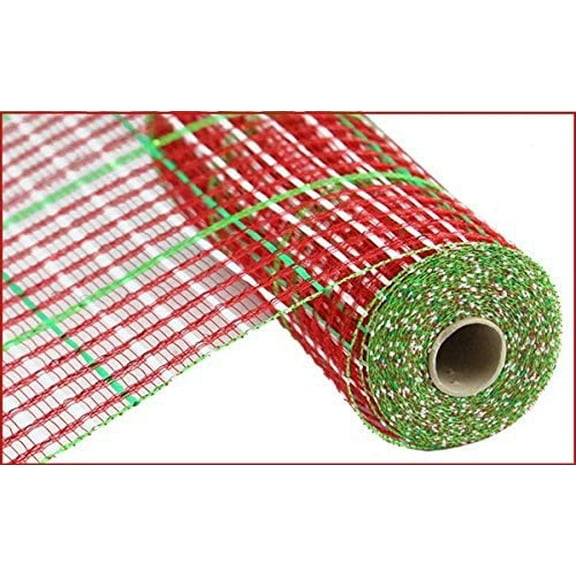 10 inch x 30 feet Christmas Metallic Check Mesh Ribbon (Red Lime White)