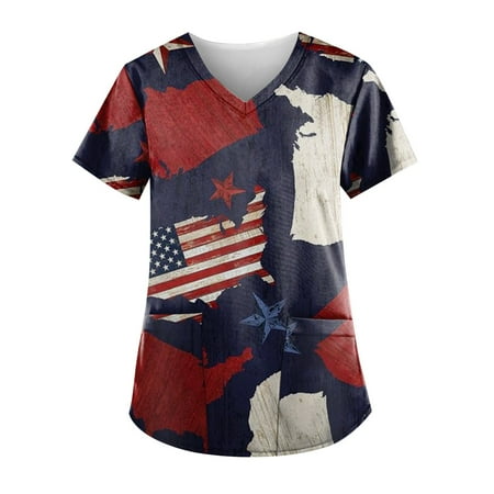 

Sksloeg Scrub Tops Women Stretchy Plus Size Red White Blue Star Stripe Printed V-Neck Workwear with Pockets Shirts Nursing Working Uniform Blue M