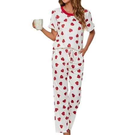 

HUBERY Women Peach Heart Printed Color Block Pocket Drawstring Waist Pajama Set