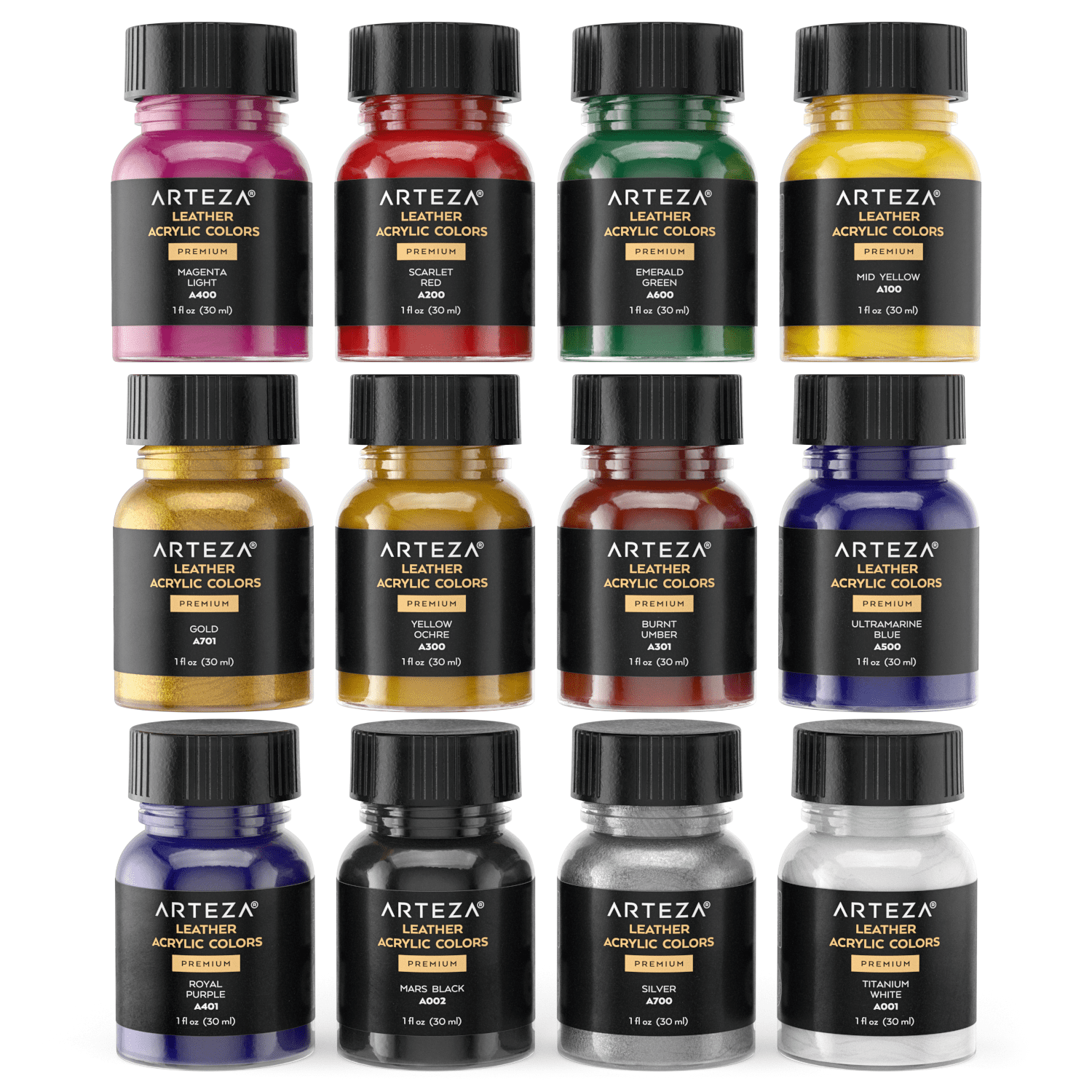 Arteza Leather Fabric Paint Set with Brush, 30ml Bottles, Assorted Colors - 12 Pack (ARTZ-3957)