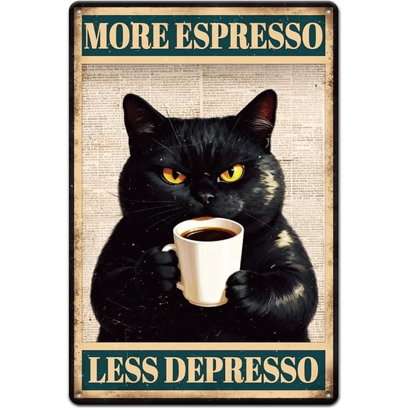 Vintage Black Cat Cafe Metal Tin Sign 12x8inch Funny Espresso Tin Signage Decor Signs Humorous Cats Wall Metal Plaque for Home Room Farmhouse Cafes Office Store Bar Kitchen Decoration