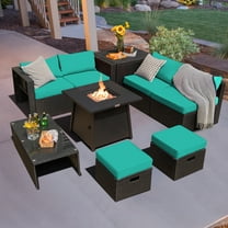 Costway 9PCS Patio Rattan Furniture Set Fire Pit Space-saving W/Cover Turquoise Cushion cover
