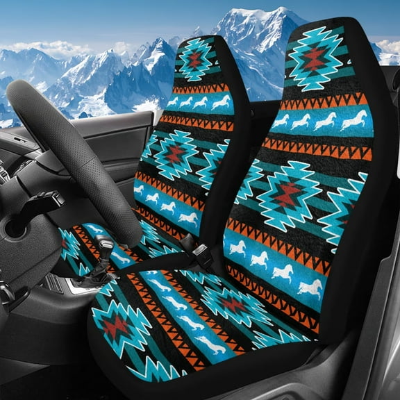 Uorisanigo Car Seat Covers for Front Seat, Soft Comfy Blue Western Horse Aztec Vehicle High Back Seats Protection Covers, Seats Cover Fits for Most Cars, Trucks, SUVs, Vans, Set of 2