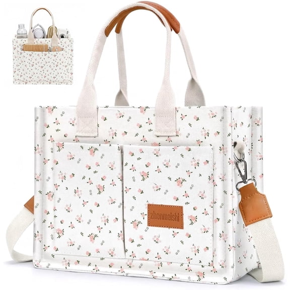 Bible Bag for Women, Small Tote Bags for Women 13 x 9.8 x 5.5 in, Cute Pink Floral Canvas Handbag with Adjustable Shoulder Strap, Daily Spring Use