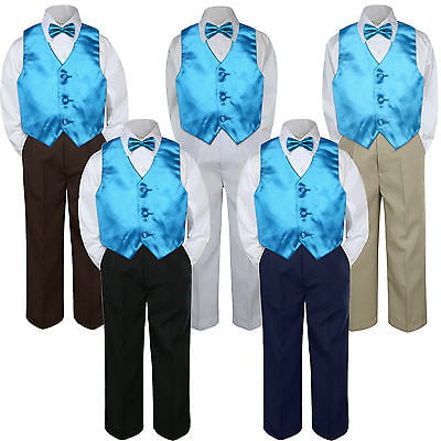 Leadertux 4pc Baby Toddler Boys Brown Vest Necktie Navy Blue Pants Suits Set S-7 2T