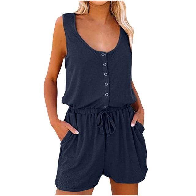 Monos informales para mujer, camiseta con cuello en V y botones con cordón, camisetas sin mangas con botones holgados a la moda, monos Pompotops ulkah940802