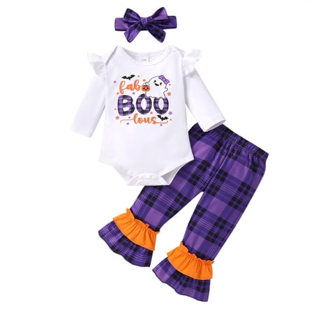 Younger Tree Baby Halloween Outfits Toddler Girl Long Sleeve Pumpkin Romper Top Pants with Headband Clothes Set for 18-24 Months