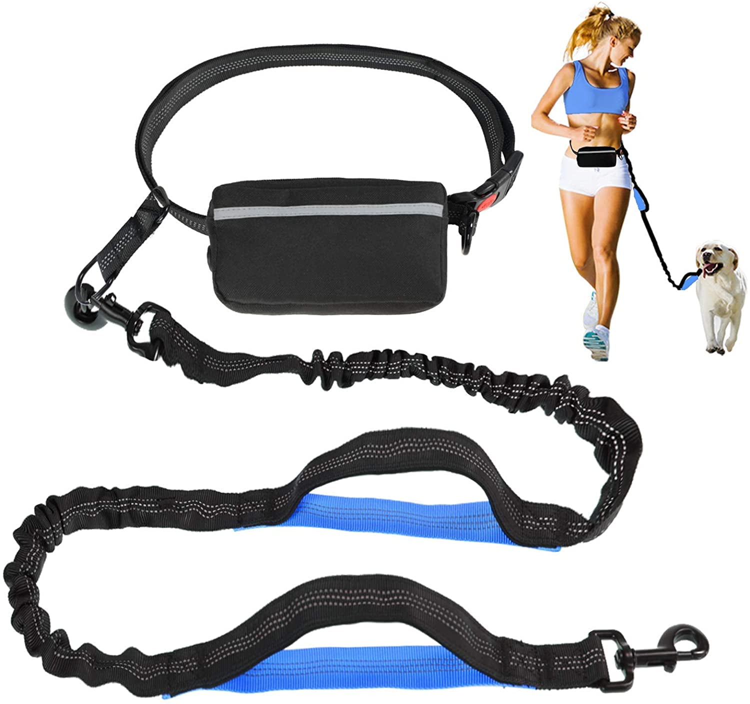 Dual-Handle Reflective Bungee Hands Free Dog Leash for Running Walking Training Hiking Shock Absorbing Ideal for Medium to Large Dogs Black Green Adjustable Waist Belt 