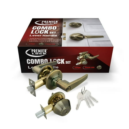 Antique Brass Entry Lock Set Lever Handle and Deadbolt Keyed Alike SC1 Keyway