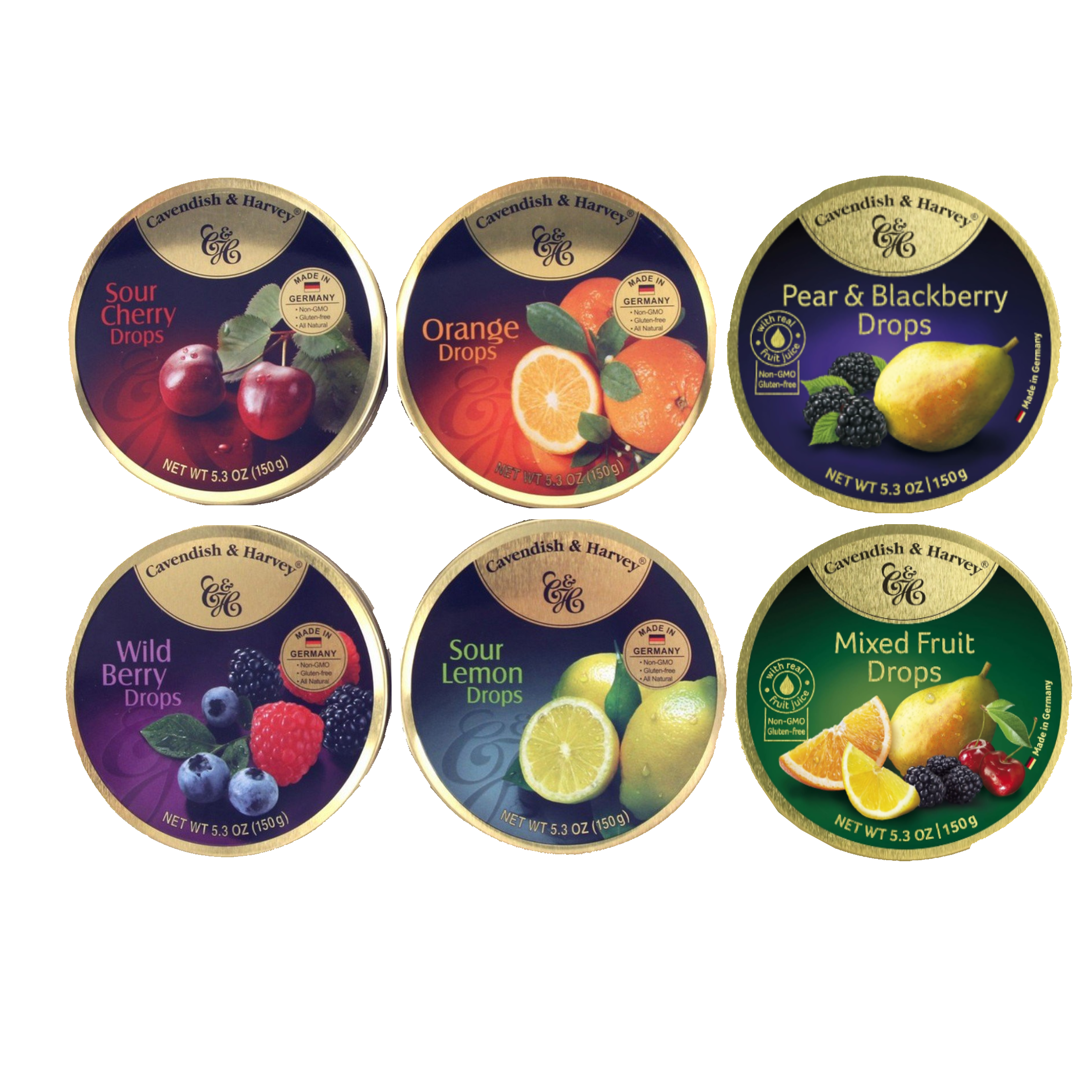 Cavendish & Harvey 6 Pack Variety Flavor Hard Candy Drops | Sour Cherry, Wild Berry, Orange, Sour Lemon, Pear & Blackberry, Mixed Fruit | 5.3 Ounce Tins