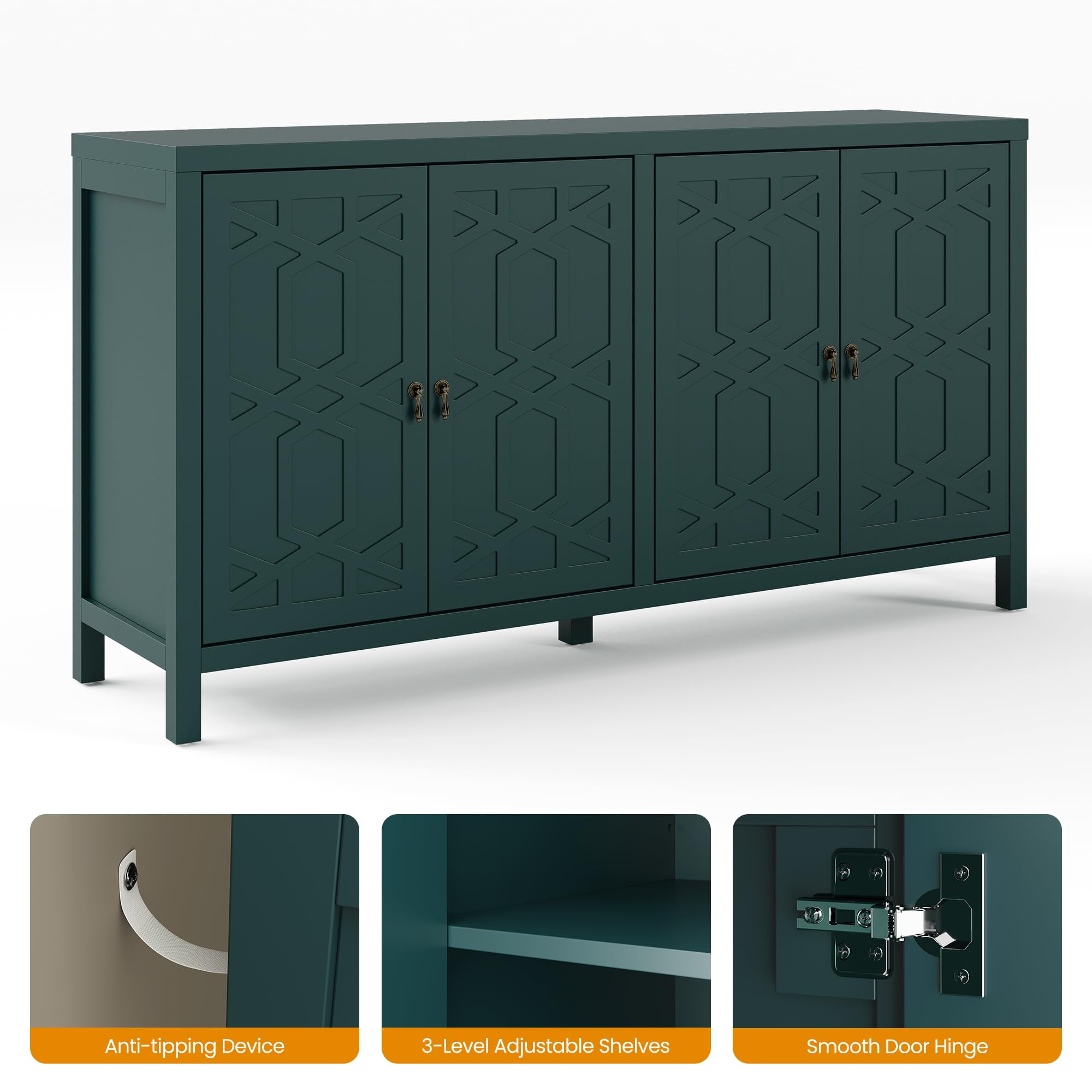 Heynemo Modern Sideboard Buffet Cabinet, 60'' Green Credenza with 4 Doors and Adjustable Shelves, Kitchen Buffet Table Coffee Bar Wine Bar Cabinet for Dining Room, Living Room, Forest Green