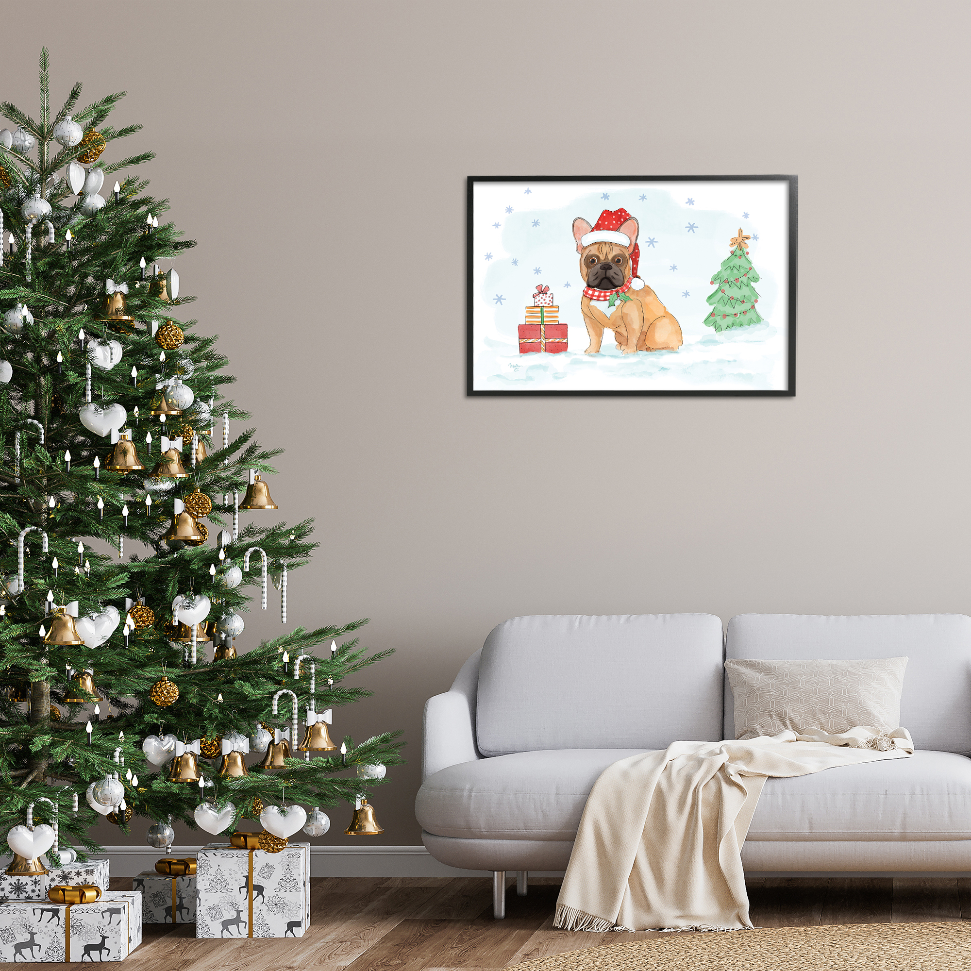 Stupell Industries Holiday Dog in Snow Holiday Painting Black Framed Art Prints Wall Art, 30 x 20