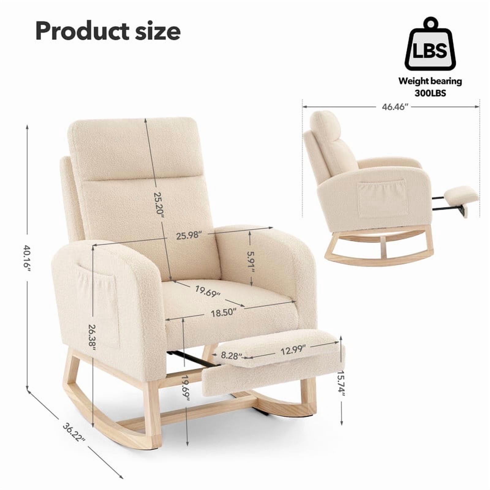 TROPOW Nursing Rocking Chair with Footrest, Glider Rocker with High Back Upholstered Seat and Solid Wood Base for Mom, Comfortable Rocking Lounge Chair for Living Room, Bedroom Relaxing