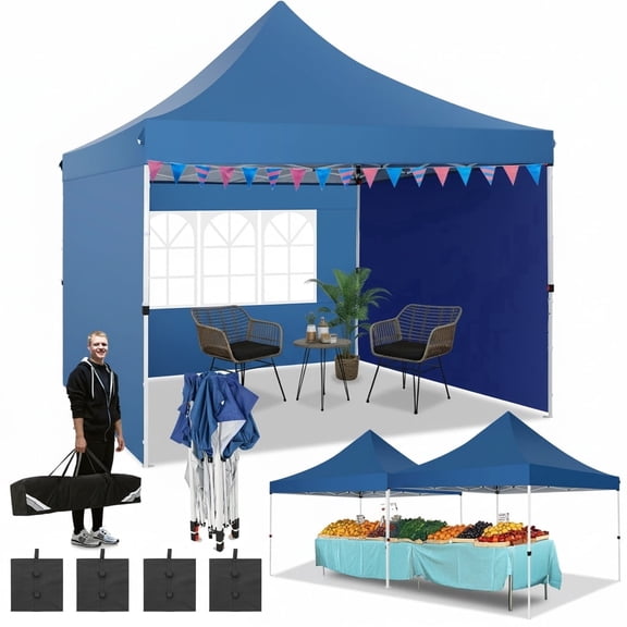 Hoteel 10x10 Pop Up Canopy Tent with 3 Sidewalls, Commercial Party Tent Ez Waterproof Outdoor Instant Gazebo UV 50 Event Shelter, Garden Tents for Parties Camping with Sandbags & Cover Bag, Blue