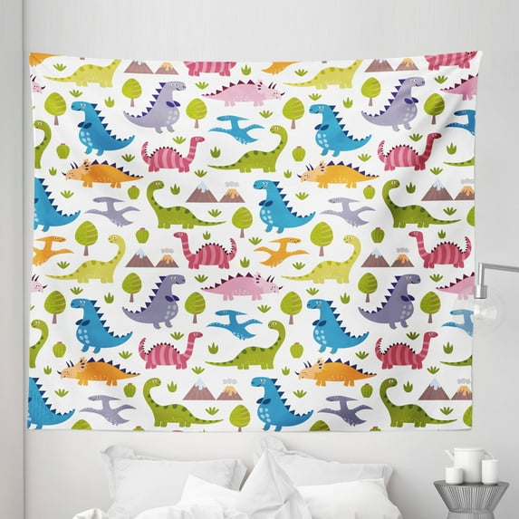 Dino Tapestry, Cartoon Style Colorful Dinosaurs T-Rex Triceratops Prehistoric Reptile Wildlife, Fabric Wall Hanging Decor for Bedroom Living Room Dorm, 5 Sizes, Multicolor, by Ambesonne