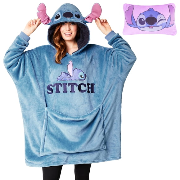 Sudadera con capucha Disney Stitch Blanket, 2 en 1, sudadera con capucha de forro polar extragrande para bebés Yoda Minnie Mouse, Stitch Gifts (punto azul)