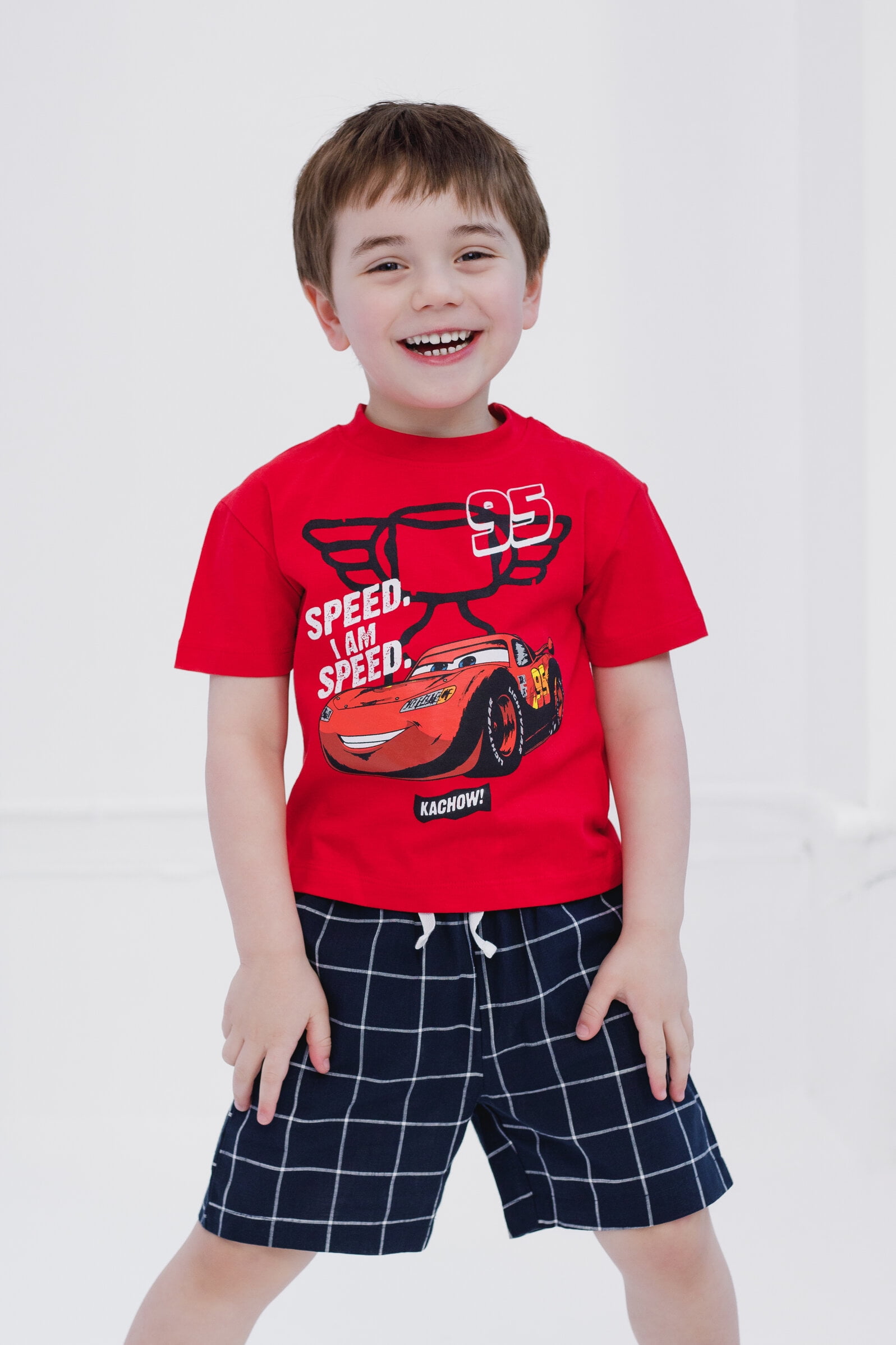 Disney Cars Lightning McQueen T-Shirt and Shorts Outfit Set Plaid Toddler to Big Kid