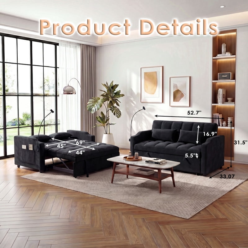 Gewnee 53" Sofa Bed, 3 in 1 Convertible Sleeper Sofa, Velvet Pull Out Couch Bed with USB Ports, Phone Holder & Side Storage Pockets, Adjustable Loveseat Sofa Bed for Living Room, Black
