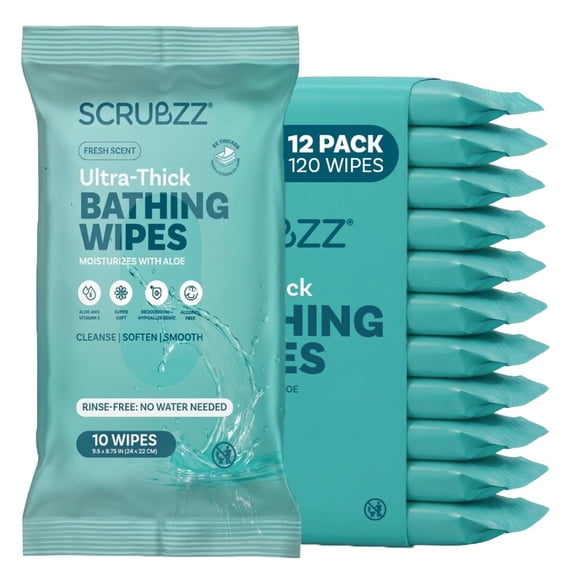 Extra Large Adult Bathing Wipes - Disposable Body Cleansing Wipes for Men, Women & Elderly - Great for Gym, Camping, Post Surgery - No Rinse Shower Bath Wipes - Fresh Scent, 120 Count