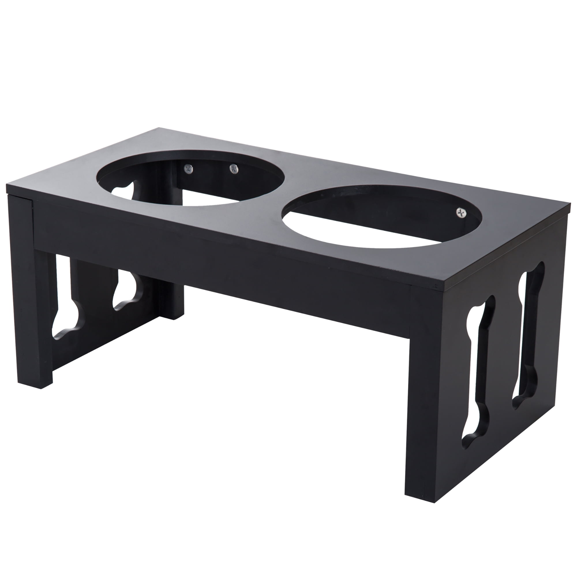 23" Modern Decorative Dog Bone Wooden Heavy Duty Pet Food Bowl Elevated Feeding Station, Black