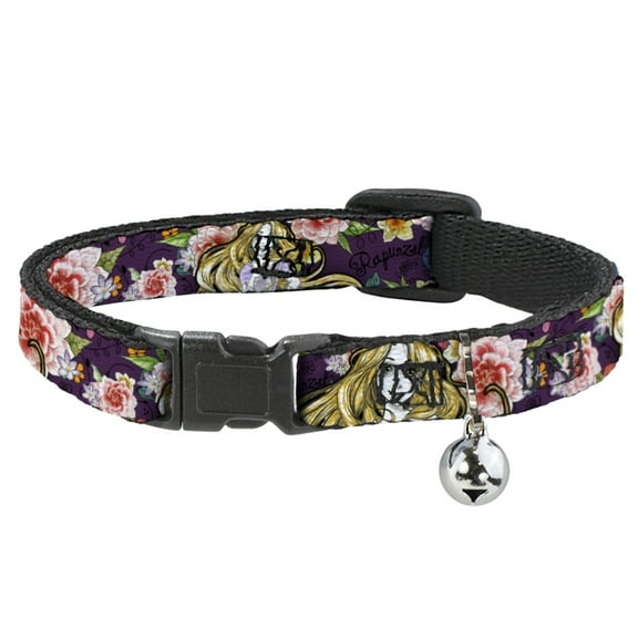 Disney Breakaway Cat Collar With Bell, Plastic Clip, Easy Adjustable, Rapunzel Poses Floral Collage Sketch Purple, 8.5 to 12 Inches 0.5 Inch Wide