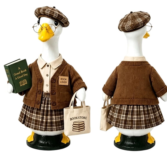 23" Porch Goose Outfit with Book Lover Hat Glasses Tote Bag Book for Garden Lawn Goose Statue Decor