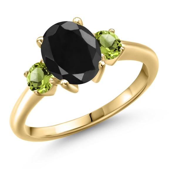 Gem Stone King 10K Yellow Gold Black Sapphire and Green Peridot Engagement Ring for Women | 3.10 Cttw | Oval 9X7MM | Gemstone September Birthstone | Size 5