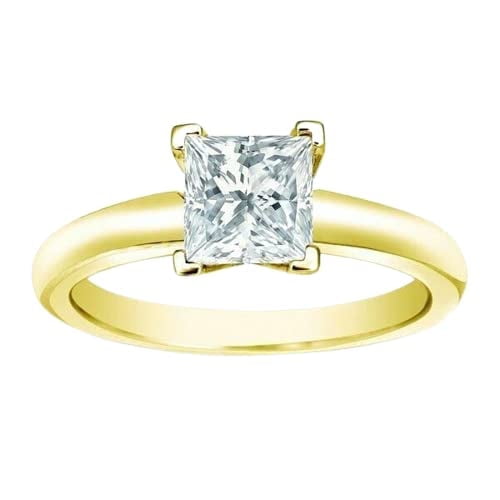 HeartsAndYou 1ct Princess Cut Moissanite Solitaire Engagement Ring for Women 18k Yellow Gold Over Silver
