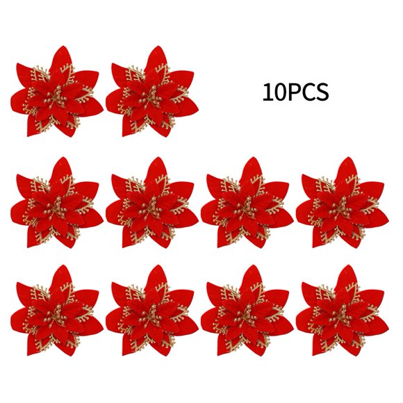 10Pcs Christmas Glitter Artificial Poinsettia Flowers Xmas Poinsettia Artificial Wedding Flowers Decorations Xmas Tree Ornaments for Party Favors, 5.6inch