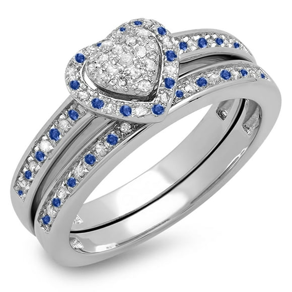 Dazzlingrock Collection Sterling Silver Blue Sapphire & White Diamond Heart Shaped Bridal Ring Set, Size 9