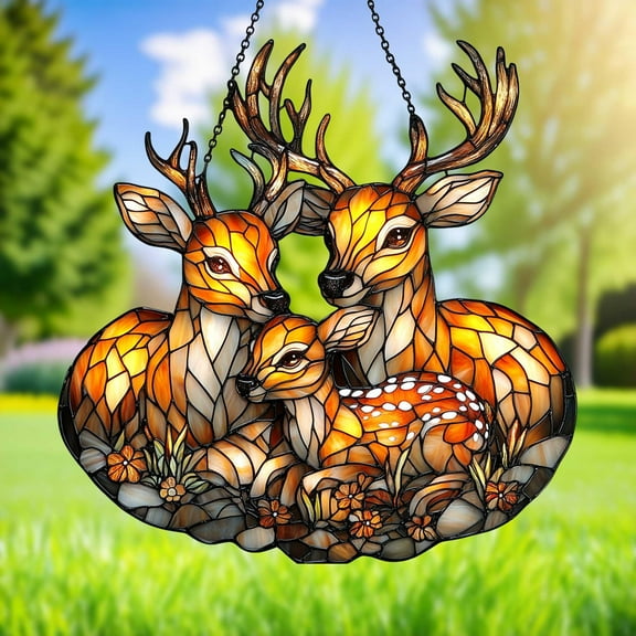 Deer Family Acrylic Suncatcher, Faux Stained Glass Deer Animal Window Hanging Gift for Mom, Grandma Gift, Forest Animal Wall Art