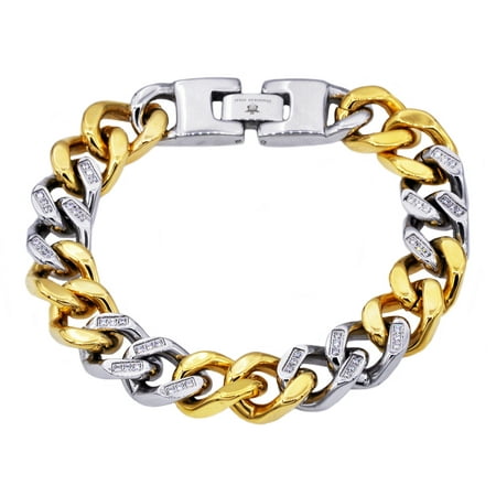 Arista Cubic Zirconia Diamonds Curb Link Chain Men's Bracelet in Gold Plated Stainless Steel, 8.5"