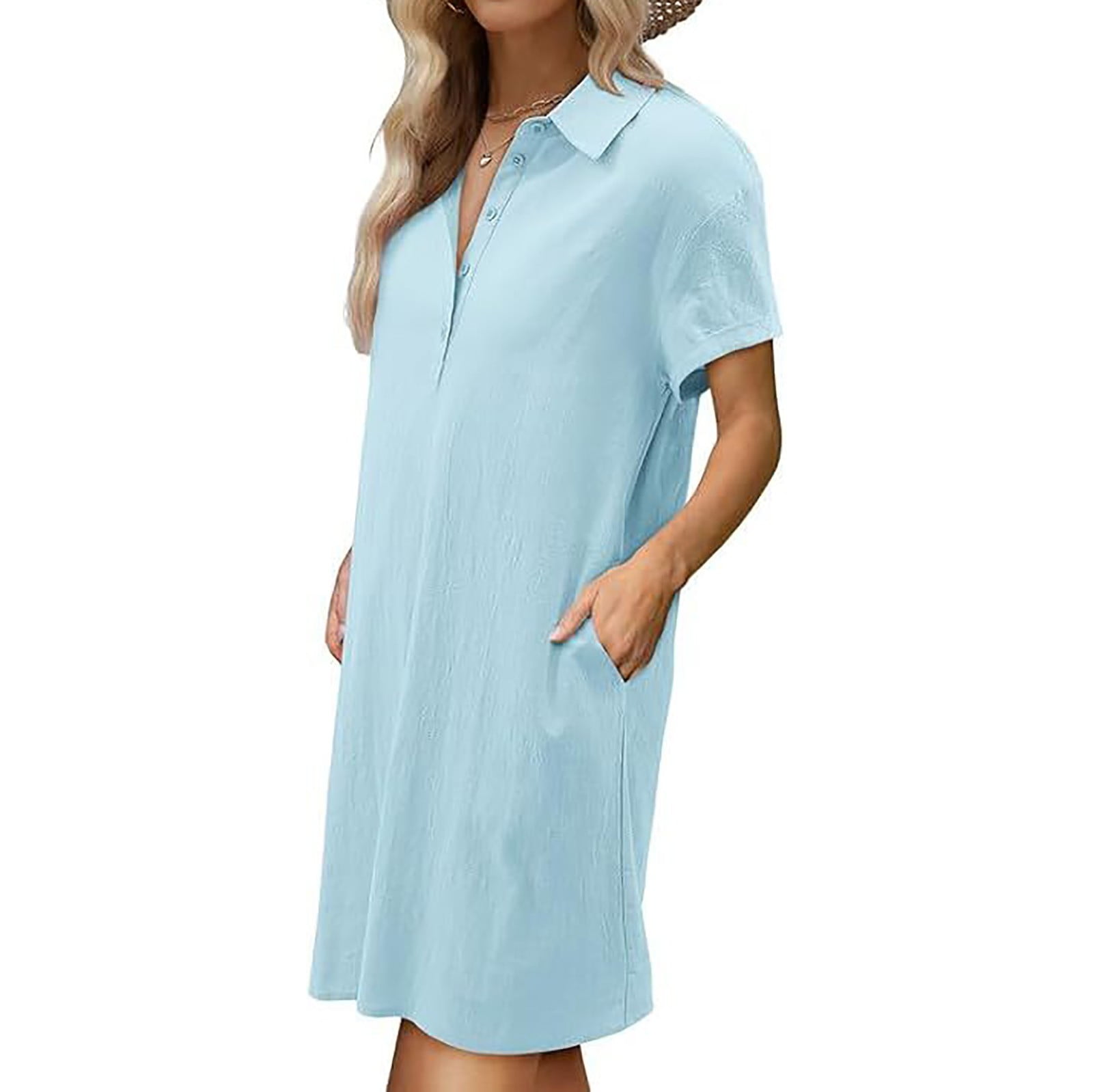 Dazajoo Womens Cotton Linen Shirt Dress 2025 Summer Casual Short Sleeve Lapel Midi Dresses Button V Neck Beach Dress with Pocket Dazajoo Womens Cotton Linen Shirt Dress 2025 Summer Casual Short Sleeve  Lapel Midi Dresses Button V Neck Beach Dress with Pocket,Light Blue,S -  Walmart.com