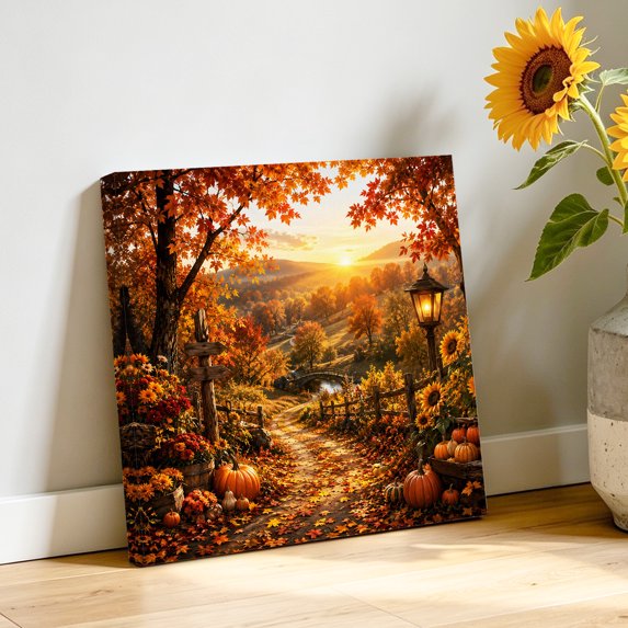 Canvas Wall Art, Fall Framed Canvas Prints for Bathroom Kitchen, Autumn Farmhouse Country Pumpkins Maple Leaves Gallery Wrapped Wall Decor for Home Office, Gifts, 10"x10" Ship Next Day