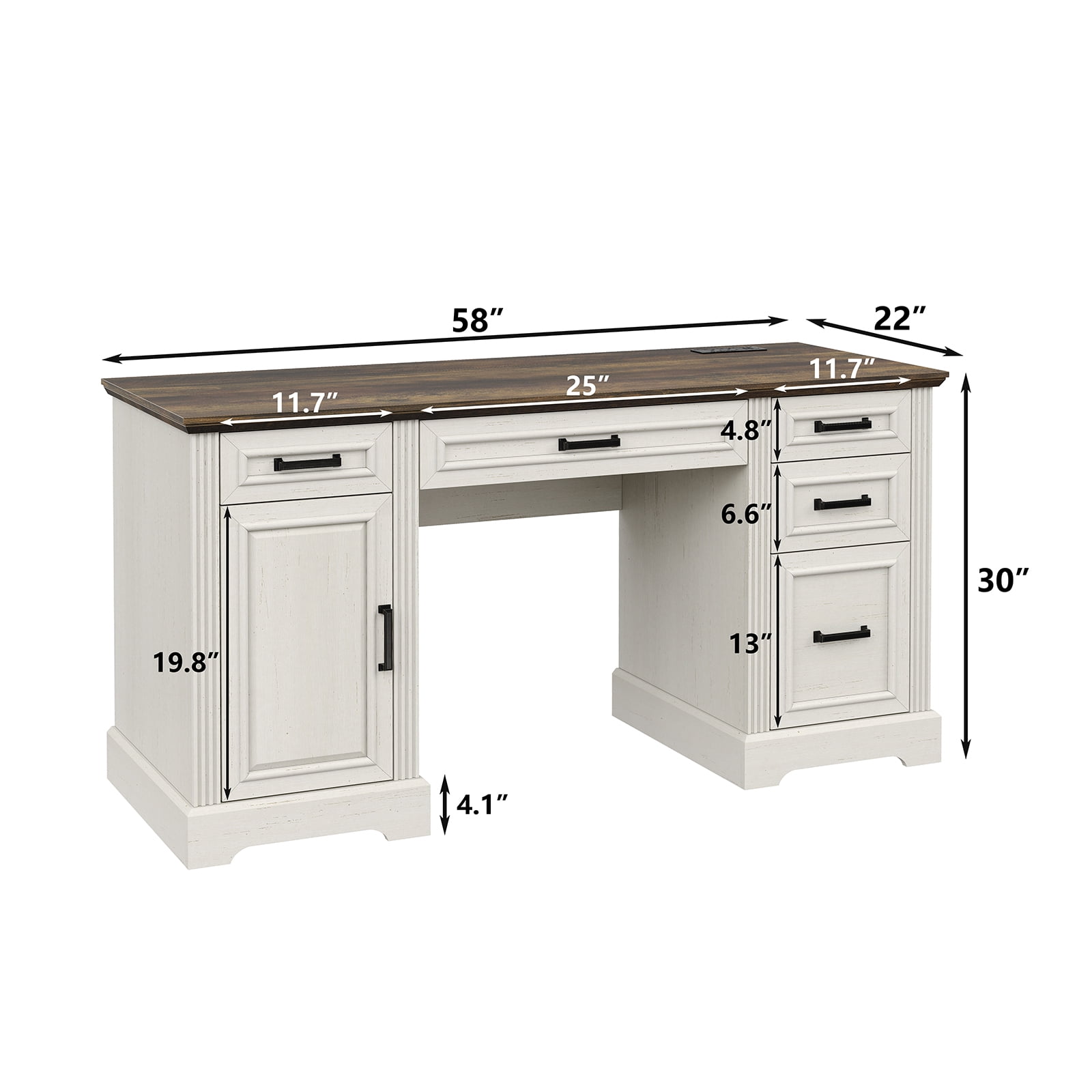 Furnihold 58"W Executive Desk with Outlet and 5 Drawers, Farmhouse Computer Desk, Off White Wooden Home Office Desk, Workspace for Work Study Writing, Brown Tabletop