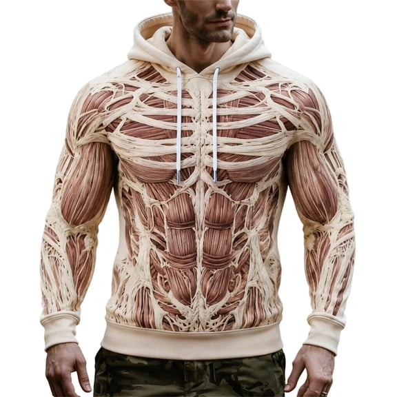 JIAYUE Men 3D Graphic Halloween Hoodie Skeleton Muscle Print Drawstring Long Sleeve Loose Hooded Sweatshirt for Outdoor Wear