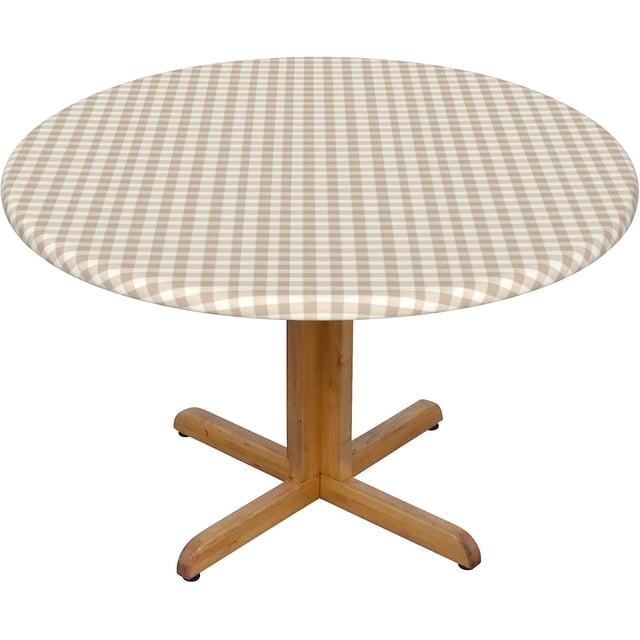 Round Fitted Tablecloth 48 Inch, Beige Gingham Elastic Fitted Round Table Cover Fitted Table Clothes Spill Proof Tabletop Covers Cloth Table Cover for Restaurant, Picnic, Indoor and Outdoor Dining