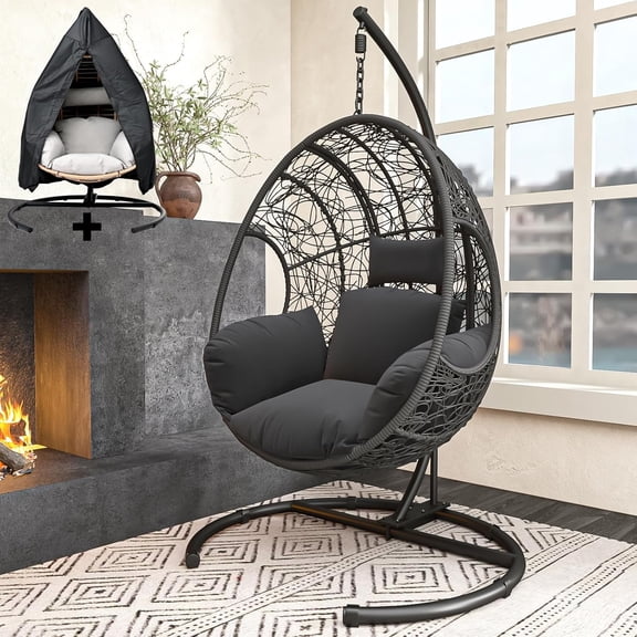 CHINNLUU Oversized Hanging Egg Chair with Stand, Outdoor Indoor Wicker Swing Chair with UV-Resistant Cushions and Rain Cover, 400lbs Capacity Patio Hammock Chair for Backyard, Balcony, Gray