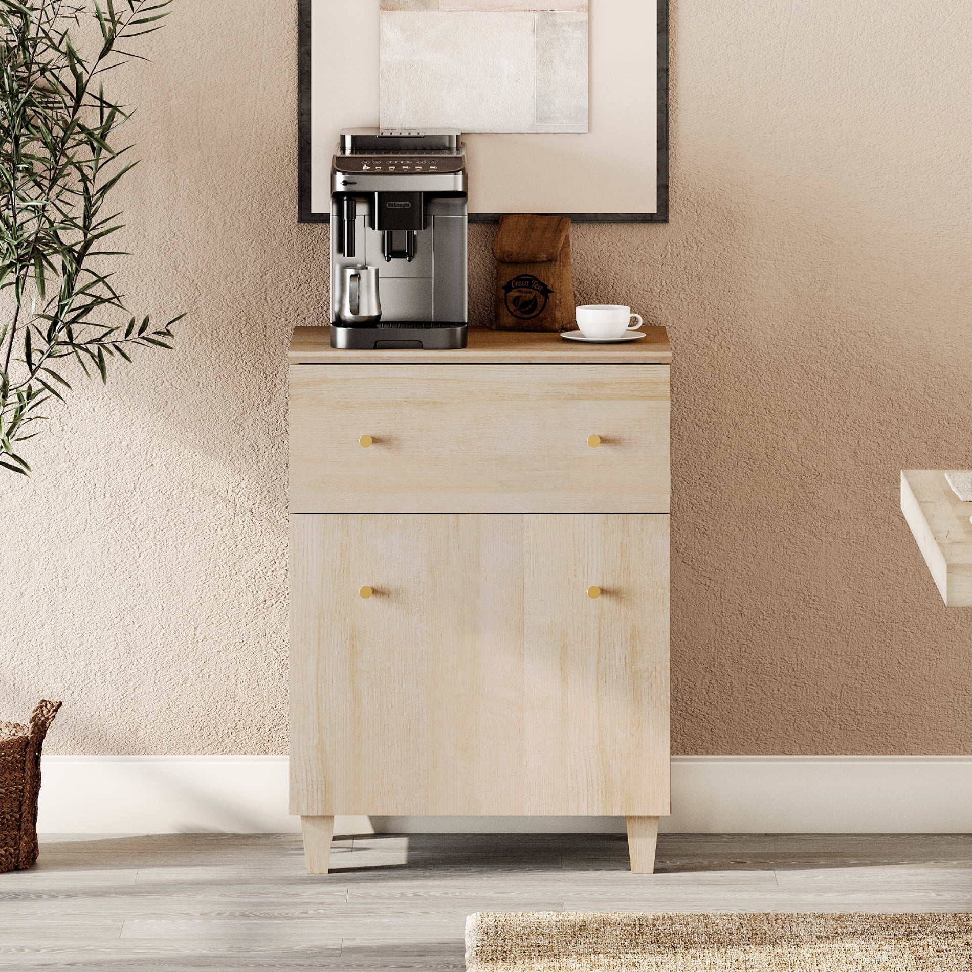 Buffet Storage Cabinet with 1 Drawer and 1 Adjustable Shelf, Light Oak Wood Finish